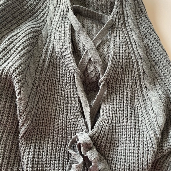 Papaya Gray Chunky Knit Cowl Neck Sweater Open Laced Sleeves Medium - Picture 10 of 10